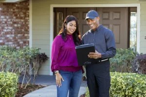 Tech speaking with a customer in front of a house | Springer Professional Homes Services in Des Moines, Iowa