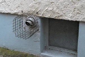 A metal mesh vent cover is secured to the wall to exclude pests